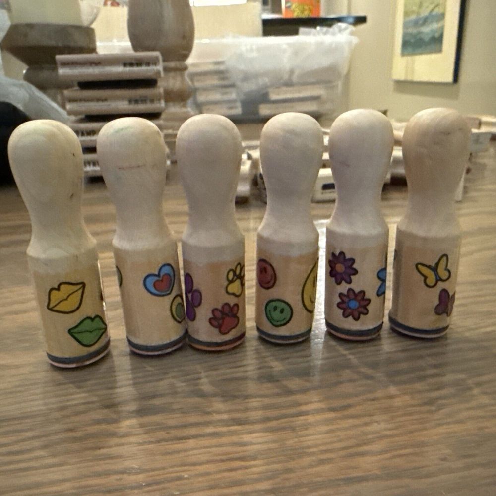Wooden Stamp‎ Lot 6 Pieces Hearts Flowers Butterfly  Rainbow Used